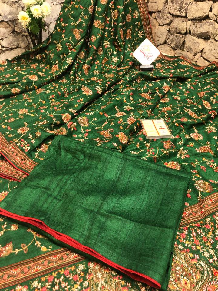 Green Color Gachi Tussar with Kashmiri Embroidery and Sequin Work