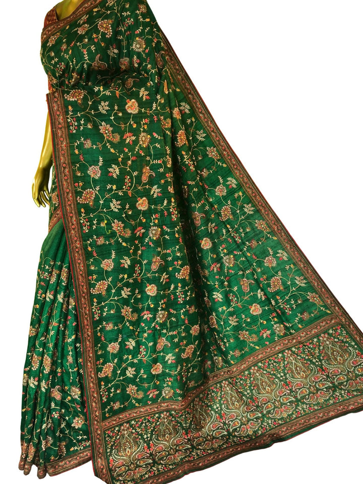 Green Color Gachi Tussar with Kashmiri Embroidery and Sequin Work