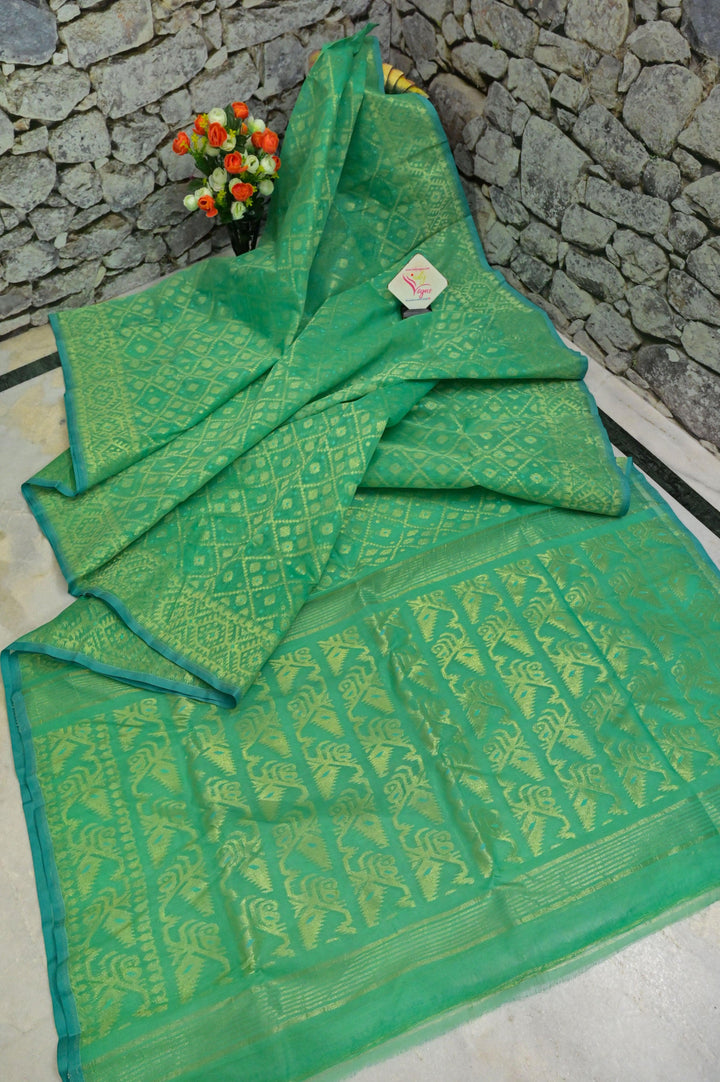 Green Color Jamdani Saree with Allover Resham Buti Work