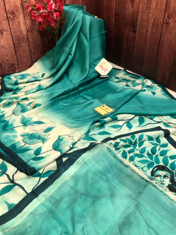Green Color Pure Bishnupur Katan SilK Saree with Hand Painting
