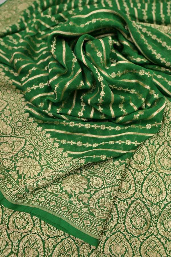 Green Color Pure Georgette Banarasi Saree with Allover Leheriya Style Weaving