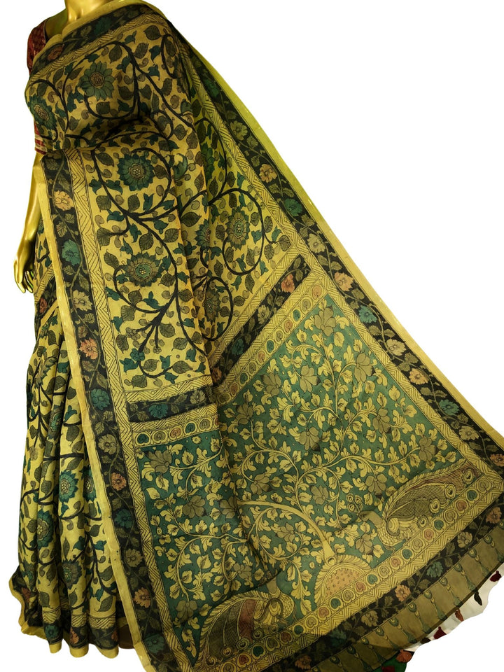 Green Color Pure Silk Saree with Allover Hand-Painted Kalamkari