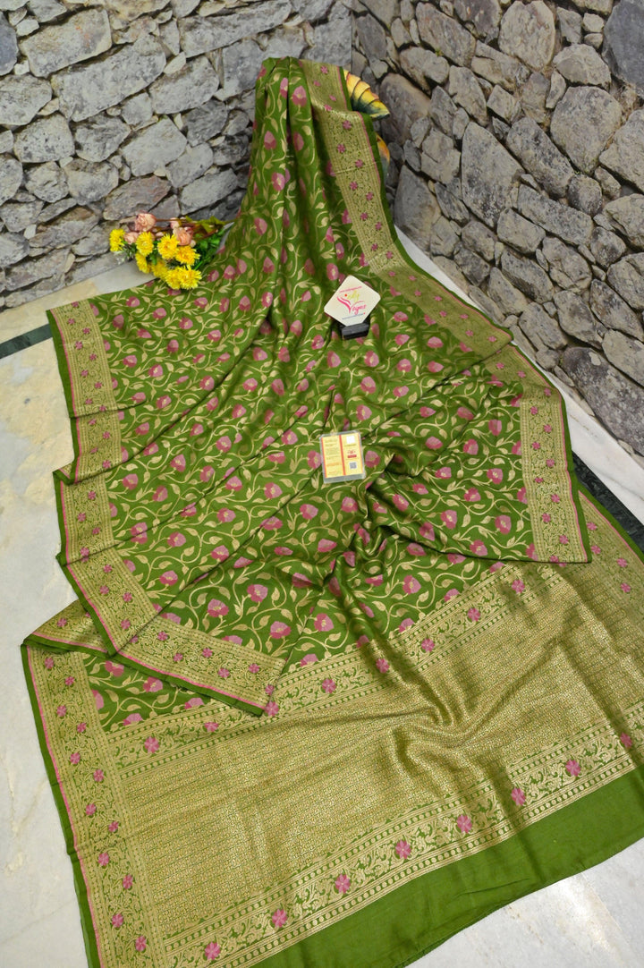 Green Color Pure Tussar Georgette Banarasi Saree with Allover Jaal & Meenakari Work
