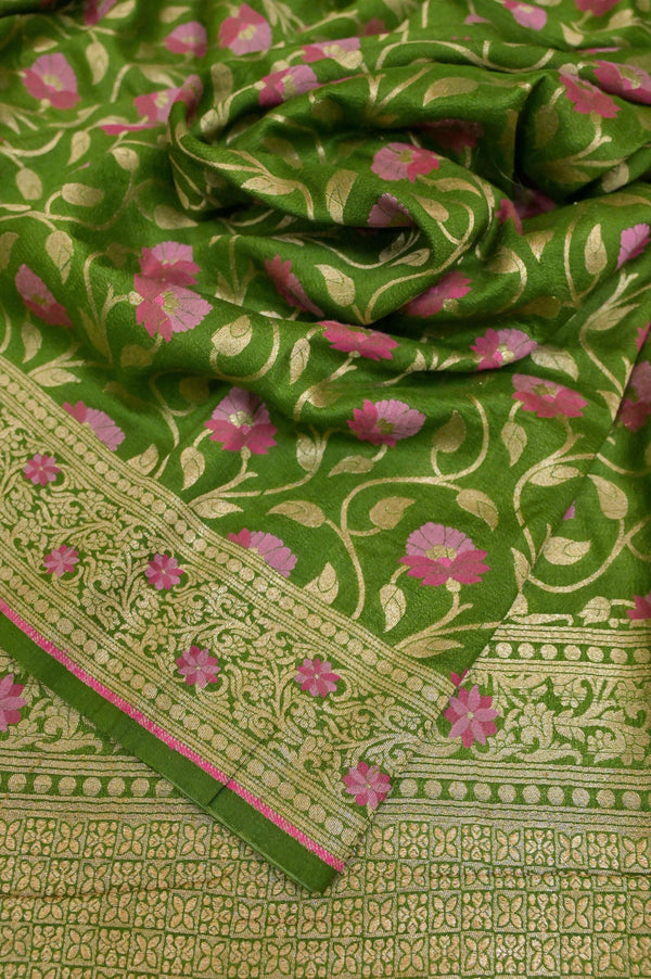 Green Color Pure Tussar Georgette Banarasi Saree with Allover Jaal & Meenakari Work
