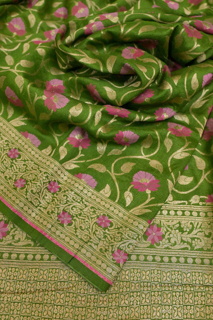Green Color Pure Tussar Georgette Banarasi Saree with Allover Jaal & Meenakari Work