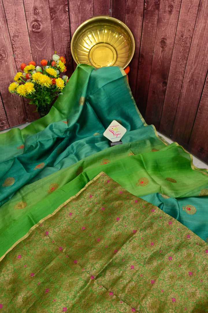 Green Color Pure Tussar Silk Saree with Tie-Dye and Meenakari Work
