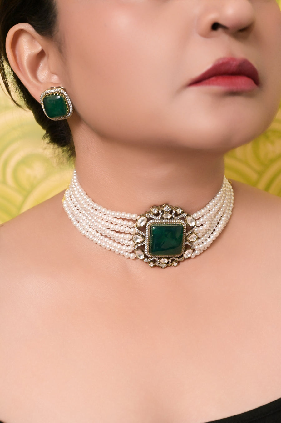 Green Monalisa Stone and AD Stonework Pendant with Pearl String Choker Necklace Set