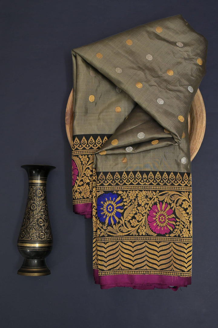 Grey and Black Color Gadwal Silk Saree with Silver & Golden Zari Buti Work with Meenakari Work