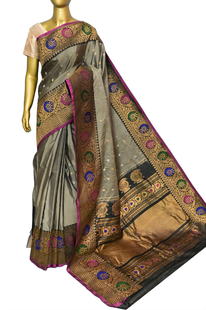 Grey and Black Color Gadwal Silk Saree with Silver & Golden Zari Buti Work with Meenakari Work