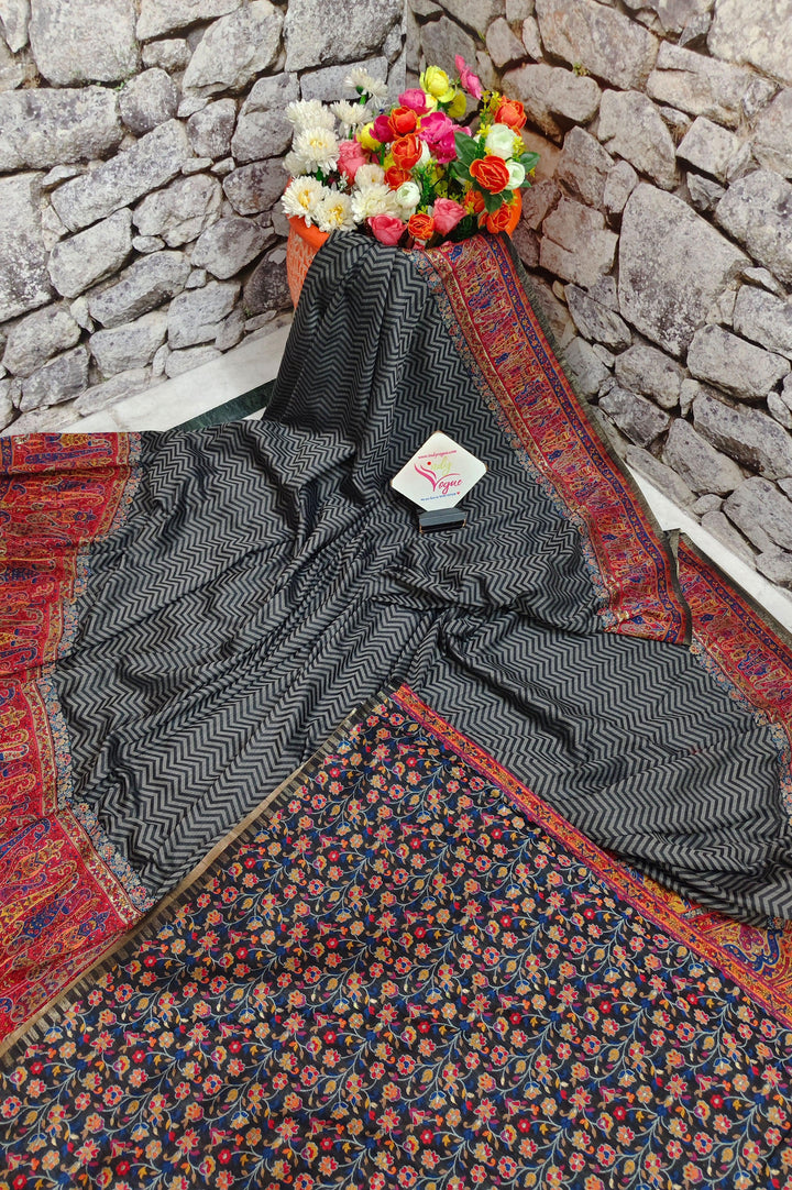 Grey and Black Color Kani Silk Saree