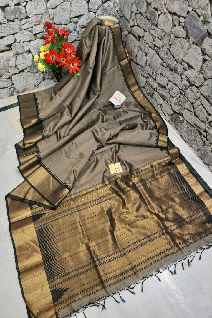 Grey and Golden Color Pure Raw Silk Saree