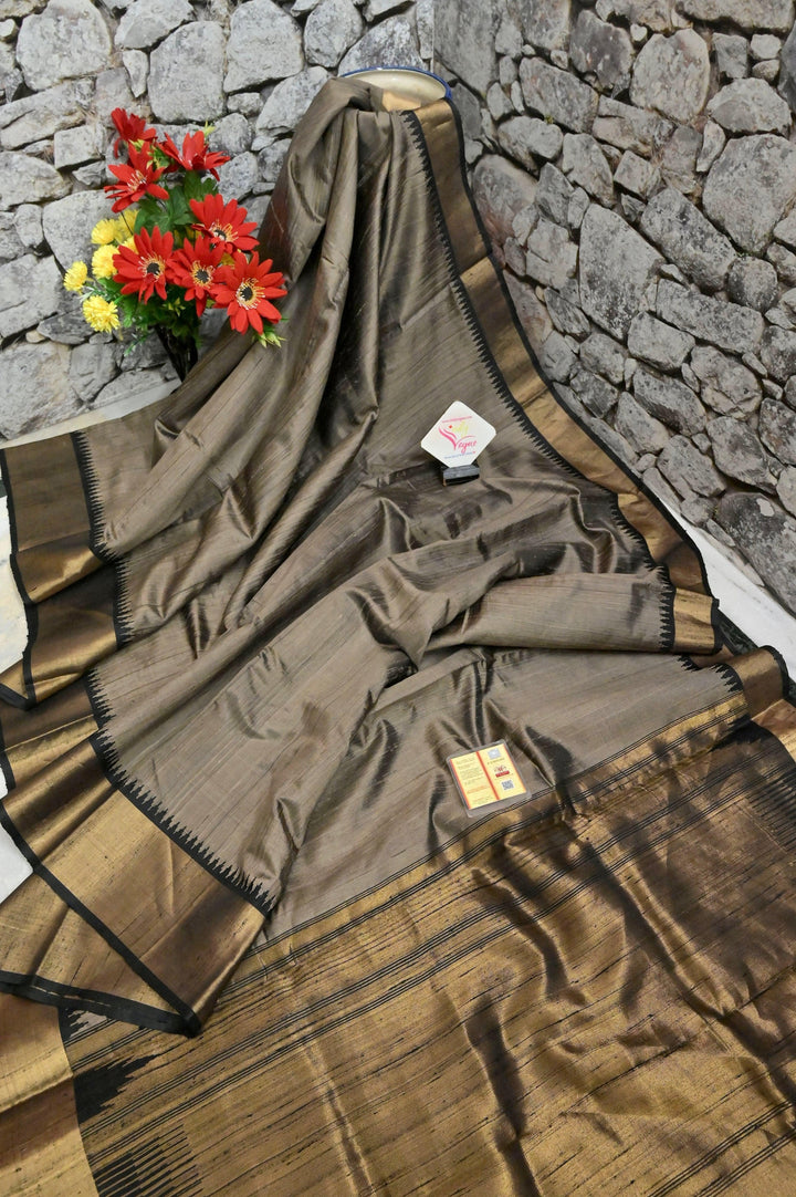 Grey and Golden Color Pure Raw Silk Saree