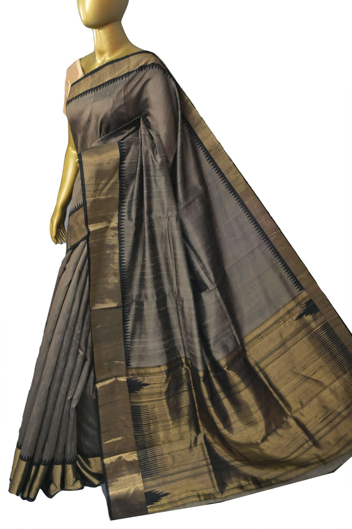 Grey and Golden Color Pure Raw Silk Saree