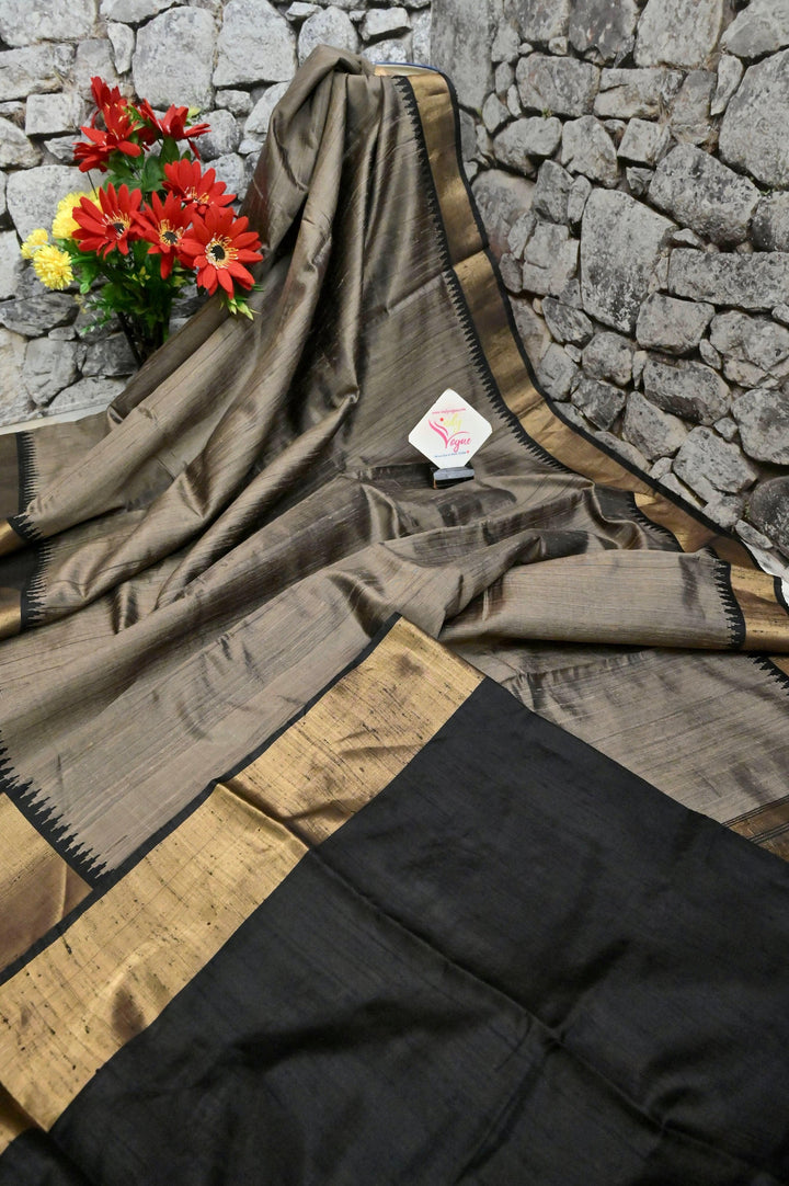 Grey and Golden Color Pure Raw Silk Saree