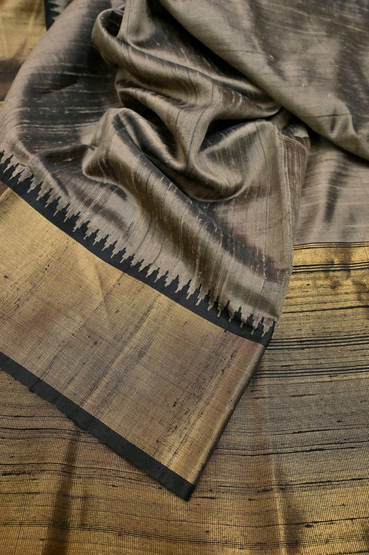 Grey and Golden Color Pure Raw Silk Saree