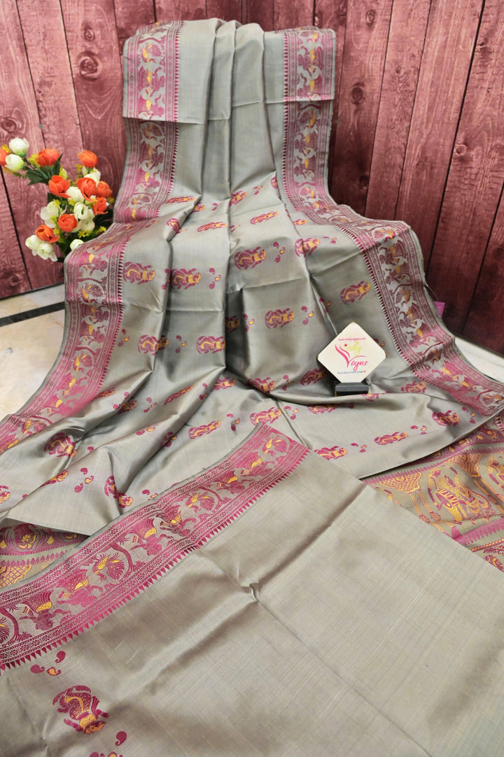 Grey and Magenta Color Pure Baluchari Silk Saree