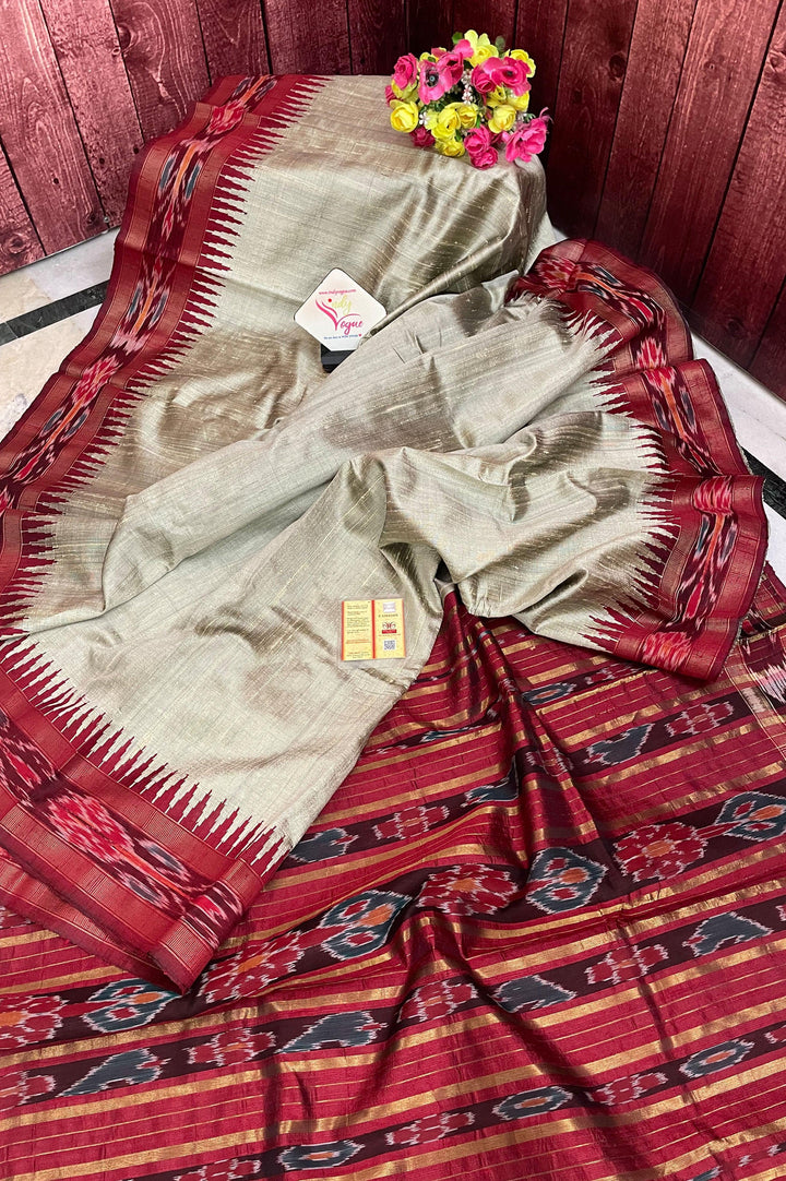 Grey and Maroon Color Pure Raw Silk Saree with Sambalpuri Border and Pallu