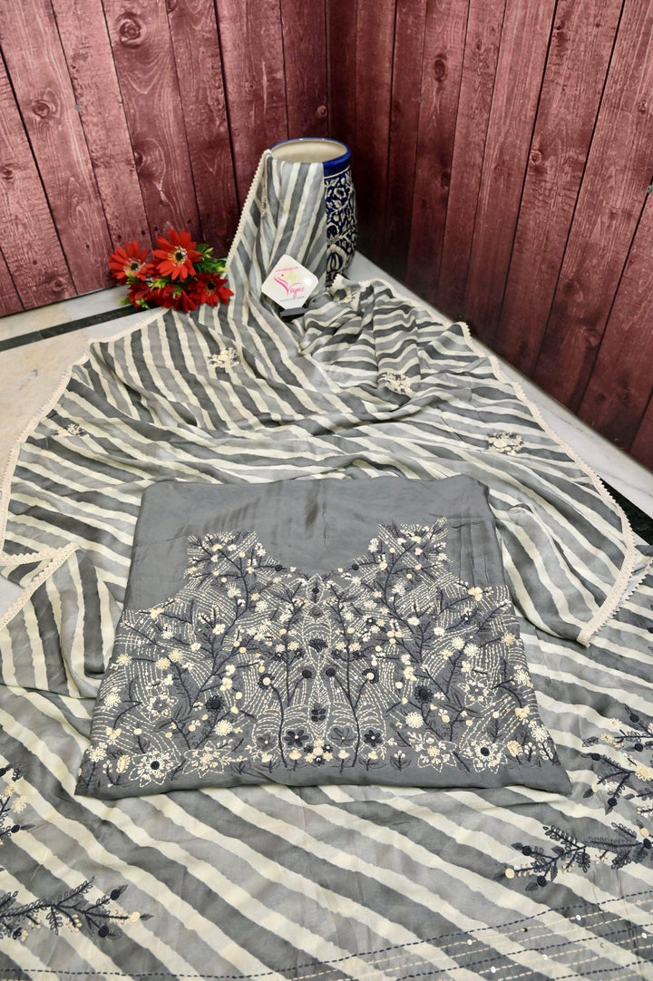 Grey and Offwhite Color Chinon Silk Saree with Leheriya Style French Knot Parsi Embroidery and Lace Work