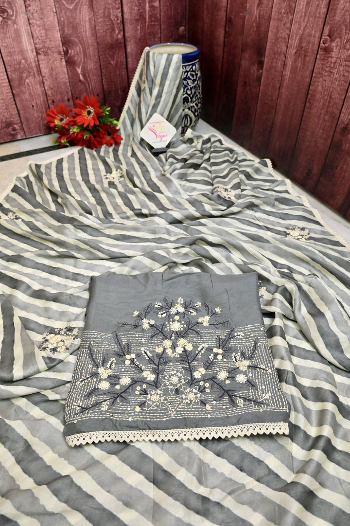 Grey and Offwhite Color Chinon Silk Saree with Leheriya Style French Knot Parsi Embroidery and Lace Work