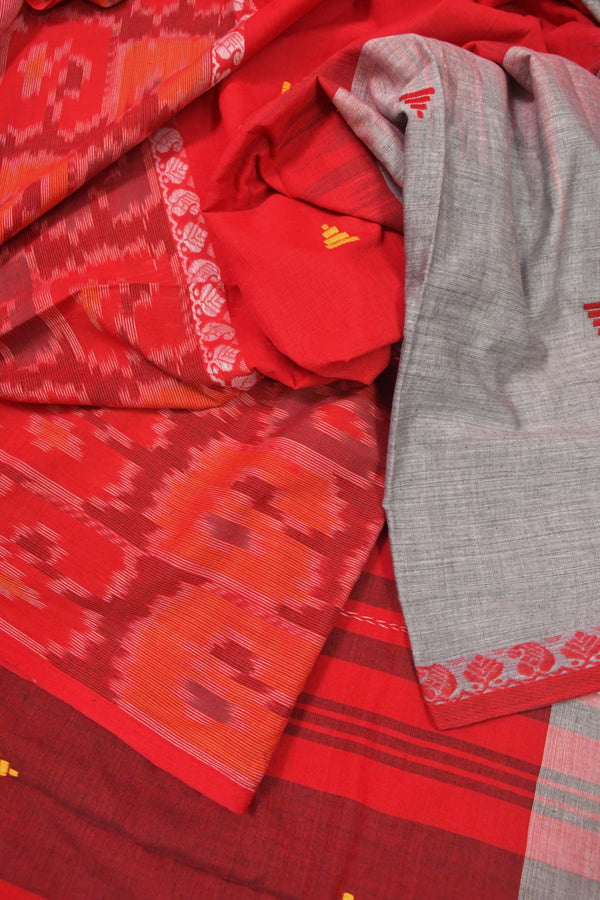 Grey and Red Color Dhaniakhali Tant Pure Bengal Cotton Saree with Ikat Skirt Border