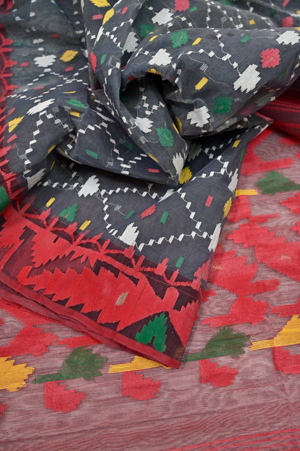 Grey and Red Color Half Silk Bangladeshi Jamdani Saree