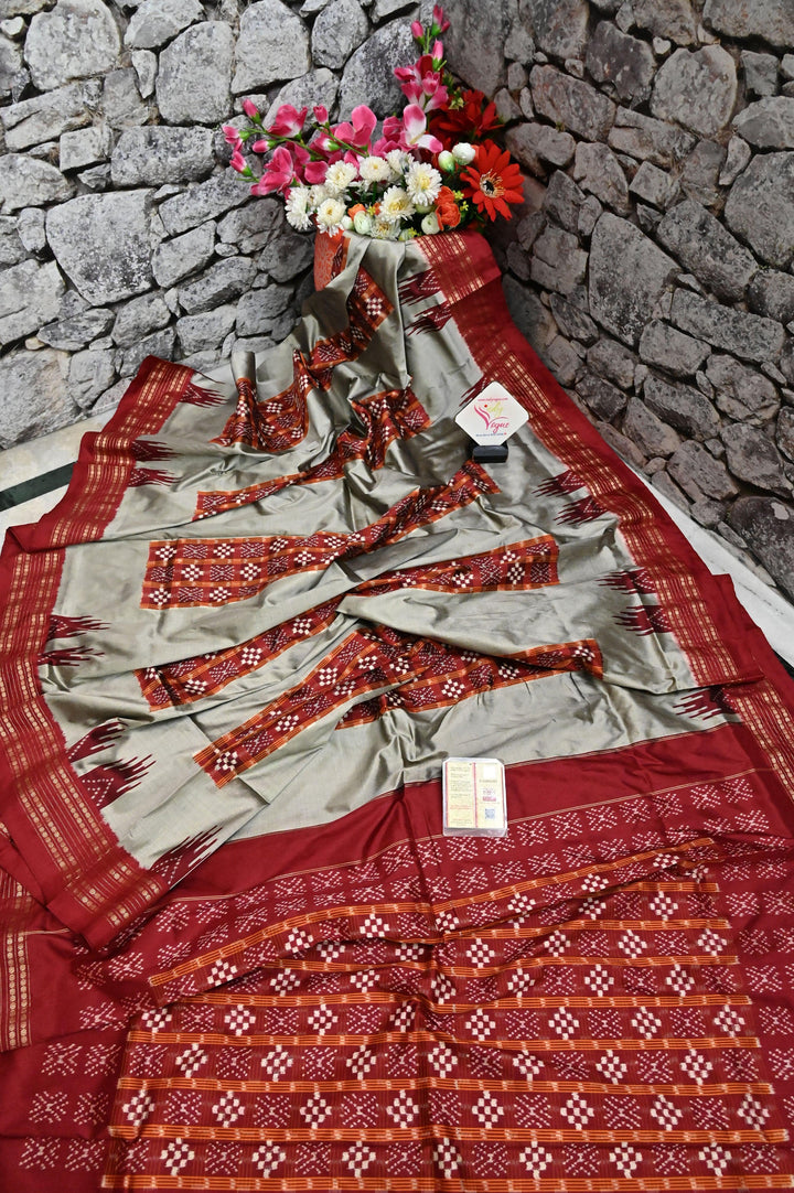 Grey and Rust Color Double Ikat Saree with Ikat Stripe Work