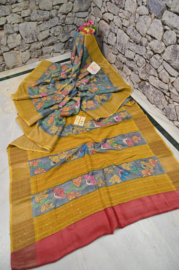 Grey and Yellow Color Pure Tussar Silk with Zari Border with Hand Painted Kalamkari and Kantha Stitch with Sequin Embroidery