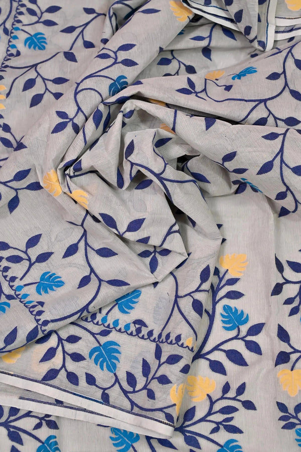Grey Color Cotton Jamdani Saree with Allover Floral Weaving