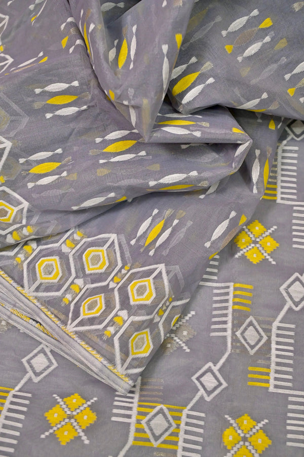 Grey Color Jamdani Saree with Allover Jamdani Weaving Work