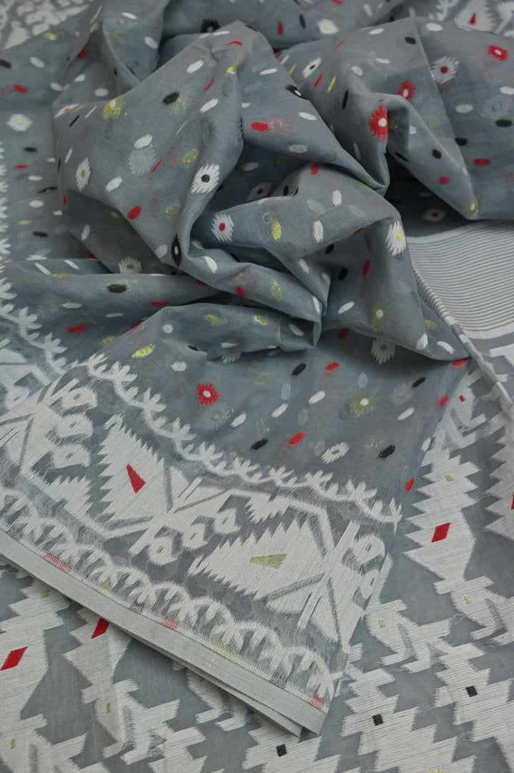Grey Color Jamdani Saree with Embroidered Blouse Piece