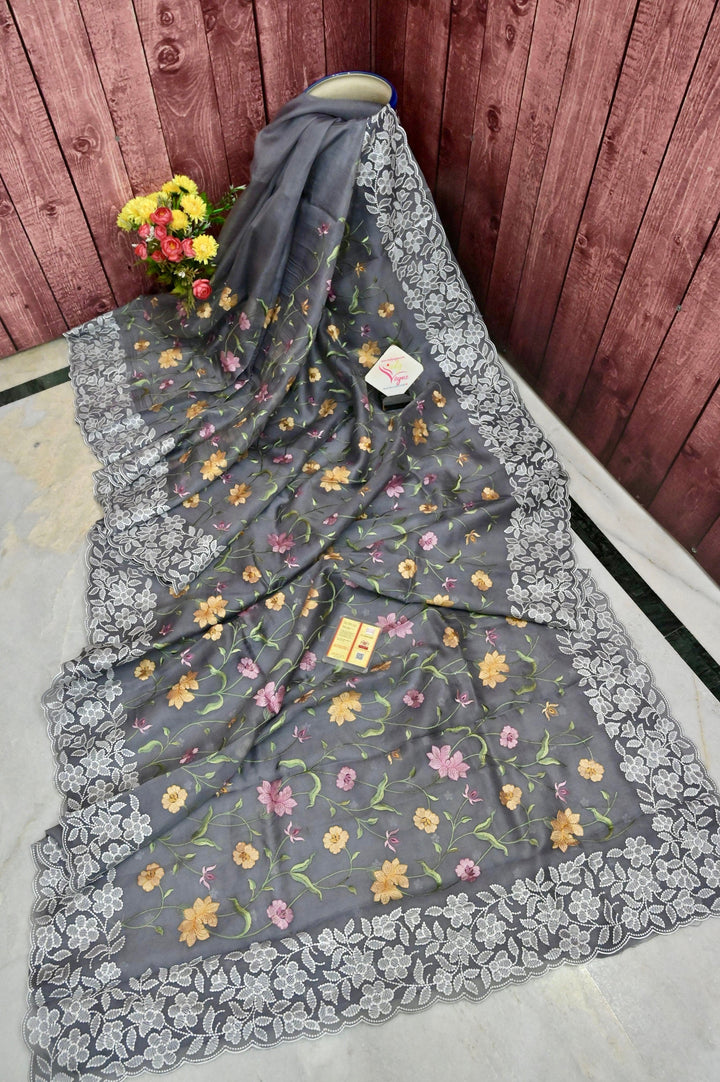 Grey Color Kora Organza Saree with Machine Embroidery Work with Scallops Border