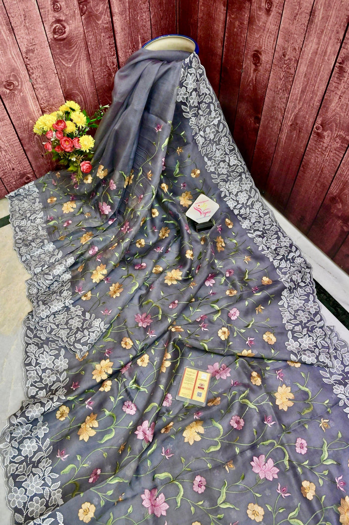 Grey Color Kora Organza Saree with Machine Embroidery Work with Scallops Border