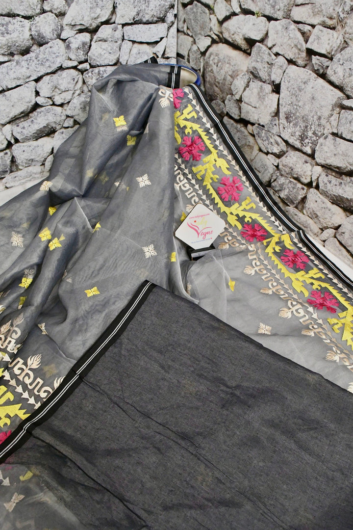 Grey Color Muslin Jamdani Saree with Embroidery