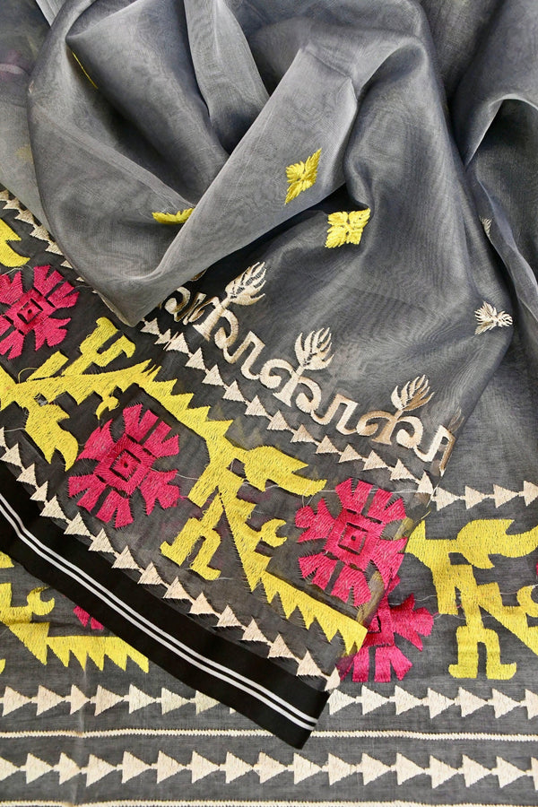 Grey Color Muslin Jamdani Saree with Embroidery