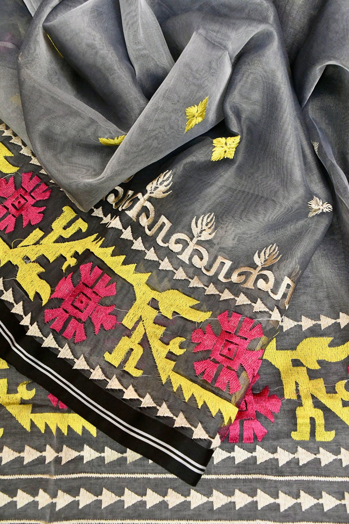 Grey Color Muslin Jamdani Saree with Embroidery