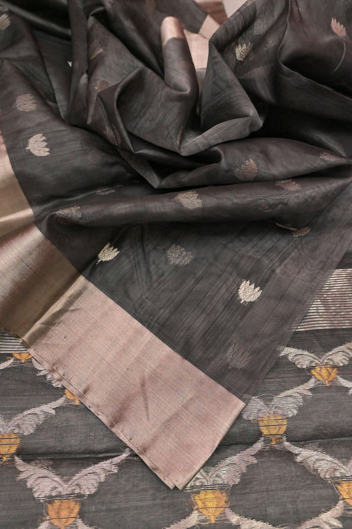Grey Color Pure Chanderi Banarasi Saree with Silver Zari Work