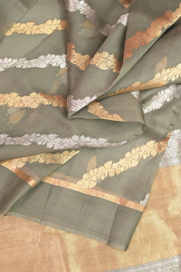 Grey Color Pure Kora Organza Saree with Silver and Golden Zari Weaving