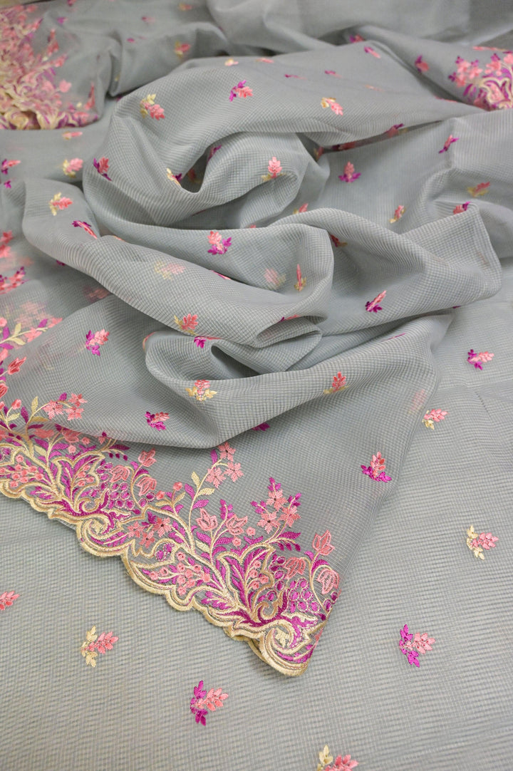 Grey Color Resham Kota Saree with Embroidery and Scallop Border