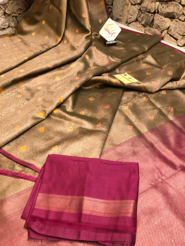 Greyish Green Color Pure Kora Katan Banarasi Saree with Kadhua Meena Brocade Work