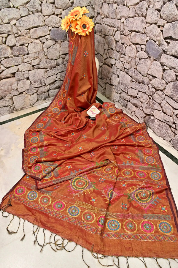 Handloom Tissue Saree in Rust Color with Lambani Embroidery Work