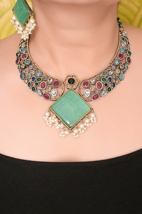 Hansuli Necklace Set in Antique Silver Metal in Temple Style with Monalisa Stone Work