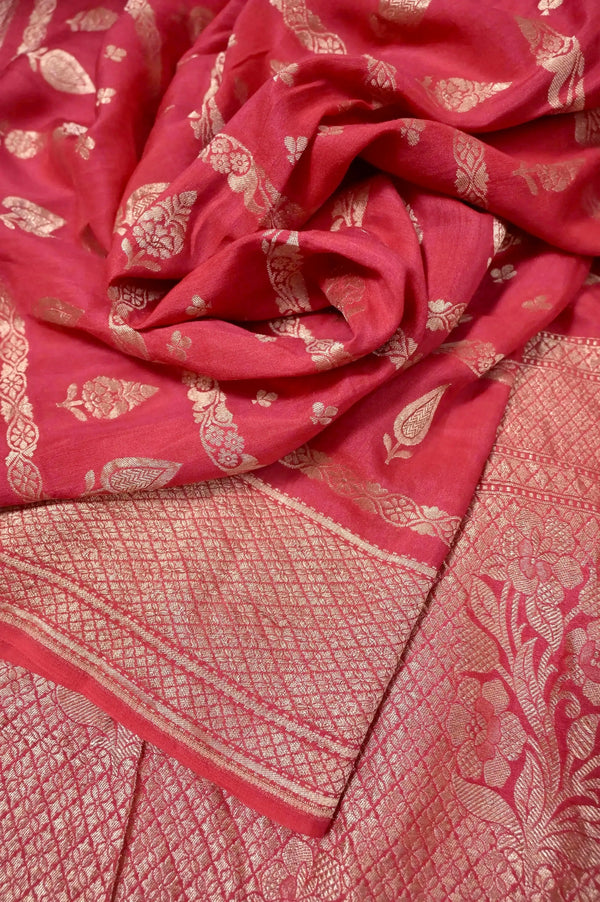 Hibiscus Red Color Pure Chiffon Muga Banarasi with Allover Zari Weaving