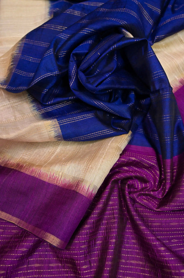Indigo Blue and Purple Color Pure Dupion Silk Saree with Zari Stripe Work