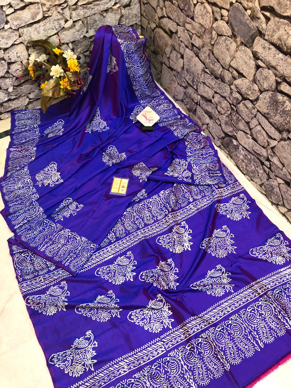 Indigo Blue Color Bishnupuri Katan Silk Saree with Block Print
