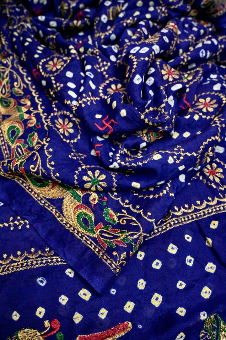 Indigo Blue Color Ghazi Silk Gharchola Saree with hand Bandhani Work