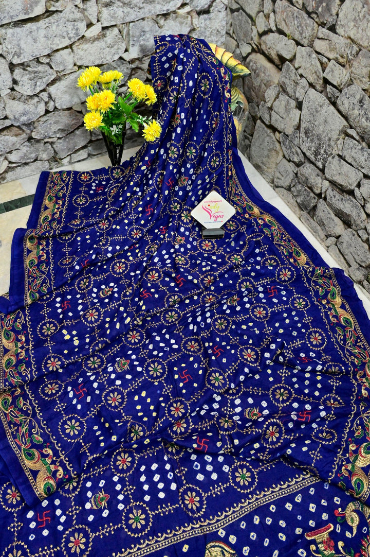 Indigo Blue Color Ghazi Silk Gharchola Saree with hand Bandhani Work