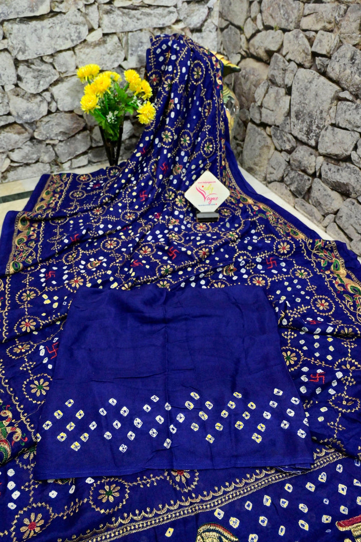 Indigo Blue Color Ghazi Silk Gharchola Saree with hand Bandhani Work