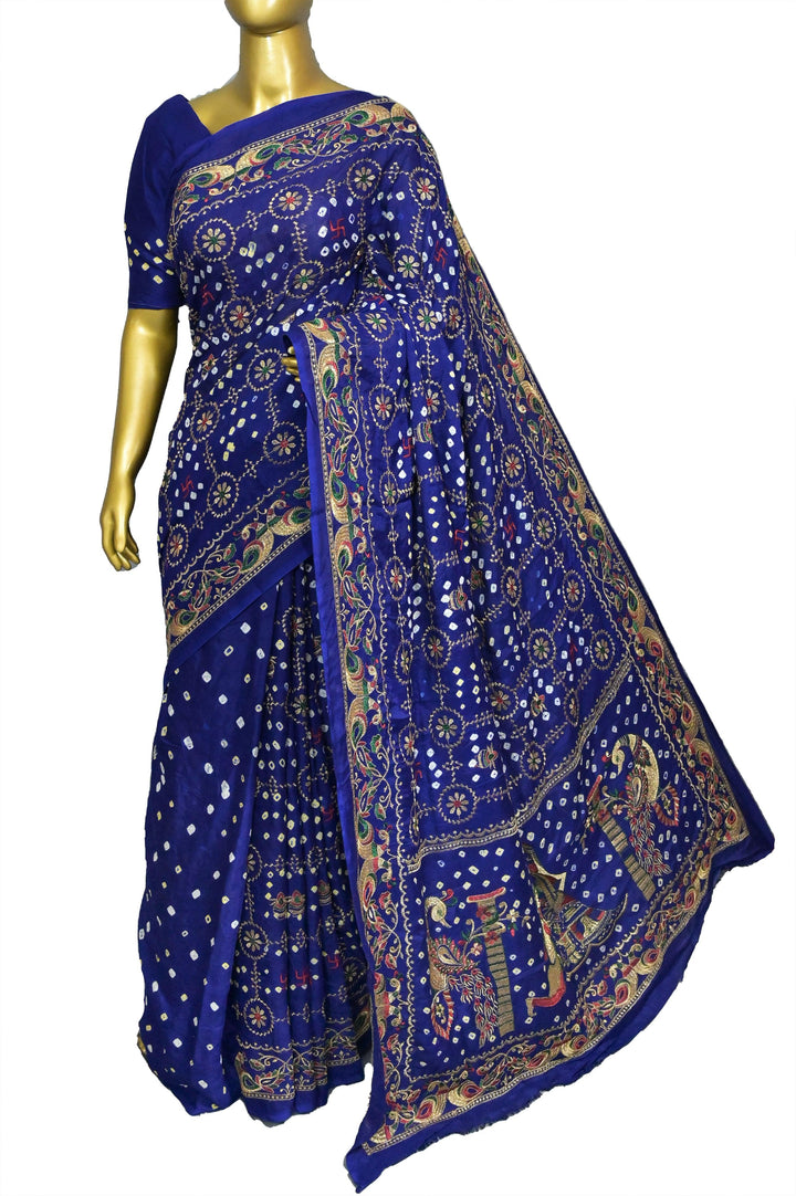 Indigo Blue Color Ghazi Silk Gharchola Saree with hand Bandhani Work