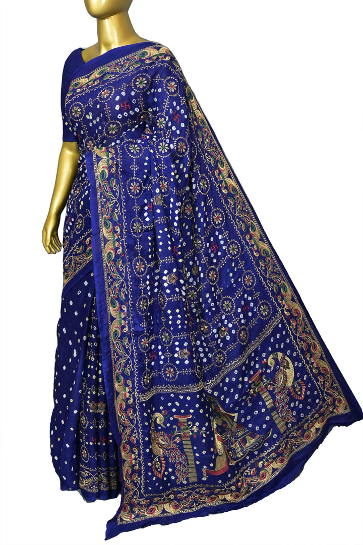 Indigo Blue Color Ghazi Silk Gharchola Saree with hand Bandhani Work
