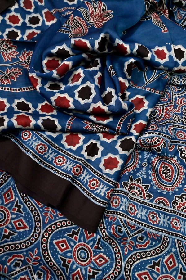 Indigo Blue Color Modal Silk Saree with Pure Ajrakh Hand Block Print Work